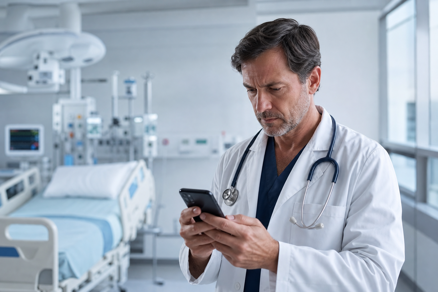 Physician Reviewing Patients Phone Data